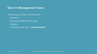 Start im Management Team:
Ó www.grobner.com Österreichischer IT & Beratertag | Vortrag Marianne Grobner 5
Workshop 2,5 Tage in Bad Goisern
- Outdoor
- Vertrauensbildende Übungen
- Dialoge
- Vermittlung der Idee: „Championship“
 