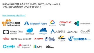 etc...
KUSANAGIʹ륯饦/VPS28ץåȥե`
ҡKUSANAGIʹäƤߤƤ
https://kusanagi.tokyo/cloud/
 