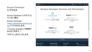 Amazon Developer
にアクセス
Amazon Developer にログインし
ていない場合、
Amazon Developer
（https://developer.amazon.com
/ja/）にアクセスします。
（「amazon developer」で検索す
ると出てきます。）
「ログイン」をクリックします。
13
 