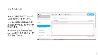 インテントとは
スキルで実行するアクションの
ことをインテントと言います。
サンプル発話に登録された言
葉を話しかけると、インテントが
呼ばれます。
デフォルトでは、「Hello」「how
are you」など7個のインテントが
登録されています。
23
 
