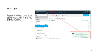 デプロイへ
「完全ビルドが完了しました」と
表示されたら、「コードエディタ」
をクリックします。
24
 