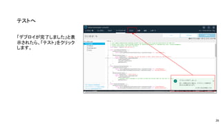 テストへ
「デプロイが完了しました」と表
示されたら、「テスト」をクリック
します。
26
 