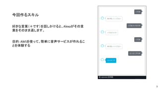 今回作るスキル
好きな言葉（＋です）を話しかけると、Alexaがその言
葉をそのまま返します。
目的：AWSを使って、簡単に音声サービスが作れるこ
とを体験する
3
 