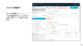 スロットの編集へ
サンプル発話に「{phrase} で
す」が追加されたら、インテント
スロットの「phrase」をクリックし
ます。
35
 
