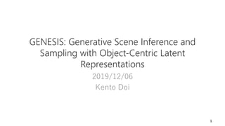 GENESIS: Generative Scene Inference and
Sampling with Object-Centric Latent
Representations
2019/12/06
Kento Doi
1
 