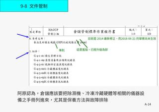 A-14
9-8 文件管制
阿原認為，倉儲應該要把除濕機、冷凍冷藏硬體等相關的儀器設
備之手冊列進來，尤其是保養方法與故障排除
 