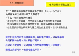A-19
9-9 教育訓練
2017 餐飲業者宣導說明會及衛生講習 (lihi1.cc/oC56c)
食品衛生安全相關法規及食品標示
●
食品中毒防治及案例簡介
●
建立衛生自主管理、食品從業人員及作業場所衛生管理
●
物料採購驗收及製程與品質管制、報廢品管理機制程序
●
依食品良好衛生規範準則建立衛生自主管理、 5S 與餐飲衛生
這部份各縣市衛生局常會舉辦 / 委辦衛生講習，可以選與貴
公司相關的主題，派人員進行受訓。
若公司人數夠多，可以邀請合格的開課機構到公司開課。
兩種方式都可以，但是考量點不同。
教育訓練有哪些主題？
 