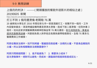 A-31
9-9 教育訓練
上個月的判決： --------( 開頭播放的餐飲外送影片的相似之處 )
20190605 新聞
https://news.ltn.com.tw/news/society/breakingnews/2813254
打工不到 1 個月遭燙傷 老闆賠 76 萬
20 歲蔡姓大學生於 2016 年間在彰化市一家居酒屋打工，就職不到一個月，工作
內容變來變去，清潔烤爐設備時遭滾燙沸水燙傷，造成下肢二度燙傷，住院休養 3
個月，他向店家求償醫藥費與精神慰撫金等 76 萬元遭拒，彰化地院認為，業者未
提供完善教育訓練，判劉姓負責人與李姓店長應負連帶賠償責任，全賠 76 萬多元
醫藥費與工作補償。
阿原在職安法規中，找不到烤爐、電爐是危險設備，法規的火爐，不是食品餐飲的
火爐。所以沒有相關職安法規需要遵守？
阿原只問兩個問題： 1. 能不能避免？ 2. 需要多少成本？
這次燙傷事件，絕對可以避免。而成本，跟腦袋的程度與態度成反比。
 