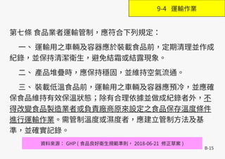 B-15
第七條 食品業者運輸管制，應符合下列規定：
一、 運輸用之車輛及容器應於裝載食品前，定期清理並作成
紀錄，並保持清潔衛生，避免結霜或結露現象。
二、 產品堆疊時，應保持穩固，並維持空氣流通。
三、 裝載低溫食品前，運輸用之車輛及容器應預冷，並應確
保食品維持有效保溫狀態；除有合理依據並做成紀錄者外，不
得改變食品製造業者或負責廠商原來設定之食品保存溫度條件
進行運輸作業。需管制溫度或濕度者，應建立管制方法及基
準，並確實記錄。
資料來源： GHP ( 食品良好衛生規範準則， 2018-06-21 修正草案 )
9-4 運輸作業
 
