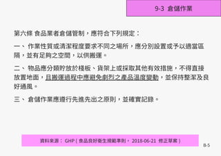 B-5
第六條 食品業者倉儲管制，應符合下列規定：
一、 作業性質或清潔程度要求不同之場所，應分別設置或予以適當區
隔，並有足夠之空間，以供搬運。
二、 物品應分類貯放於棧板、貨架上或採取其他有效措施，不得直接
放置地面，且搬運過程中應避免劇烈之產品溫度變動，並保持整潔及良
好通風。
三、 倉儲作業應遵行先進先出之原則，並確實記錄。
資料來源： GHP ( 食品良好衛生規範準則， 2018-06-21 修正草案 )
9-3 倉儲作業
 