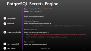 PotgreSQL Secrets Engine
$ export VAULT_ADDR="http://127.0.0.1:8200"
$ export VAULT_TOKEN="vault"
$ vault secrets enable postgresql
# dba admin / superuser
$ vault write postgresql/config/connection 
connection_url="postgresql://root:root@172.16.100.1:5432/postgres?sslmode=disable"
# create user and role
$ vault write postgresql/roles/readonly 
sql="CREATE ROLE "{{name}}" WITH LOGIN PASSWORD '{{password}}' VALID UNTIL '{{expiration}}';
GRANT SELECT ON ALL TABLES IN SCHEMA public TO "{{name}}";"
# get credential
$ vault read postgresql/creds/readonly
PGDay.Seoul 2019 11
2
1
1
2
3
no policies
get token
connect
create credential
get credential
 