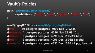 Vault’s Polcies
path “postgresql/creds/readonly” {
capabilities = ["create", "read", "update", "delete", "list"]
}
root@pg...