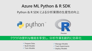 Python & R SDK による分析業務の生産性の向上
クラウドの便利な機能を享受し、分析作業を劇的に効率化
✓ Prepare Data
✓ Build Models
✓ Train Models
✓ Manage Models
✓ Track Experiments
✓ Deploy Models
Preview
 