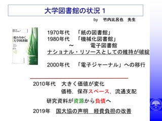 大学図書館の状況１
1970年代 「紙の図書館」
1980年代 「機械化図書館」
〜 電子図書館
ナショナル・リソースとしての維持が破綻
2000年代 「電子ジャーナル」への移行
by 竹内比呂也 先生
2010年代 大きく価値が変化
価格，保存スペース，流通支配
研究資料が資源から負債へ
2019年 国大協の声明 経費負担の改善
 