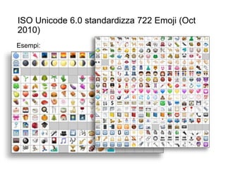 ISO Unicode 6.0 standardizza 722 Emoji (Oct
2010)
Esempi:
32
 