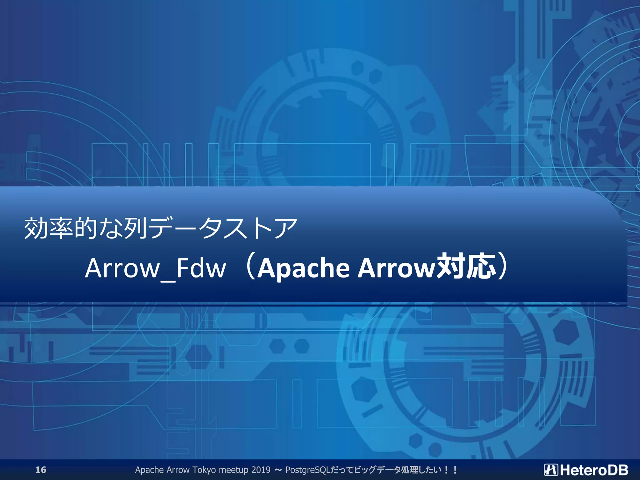 効率的な列データストア
Arrow_Fdw（Apache Arrow対応）
Apache Arrow Tokyo meetup 2019 ～ PostgreSQLだってビッグデータ処理したい！！16
 