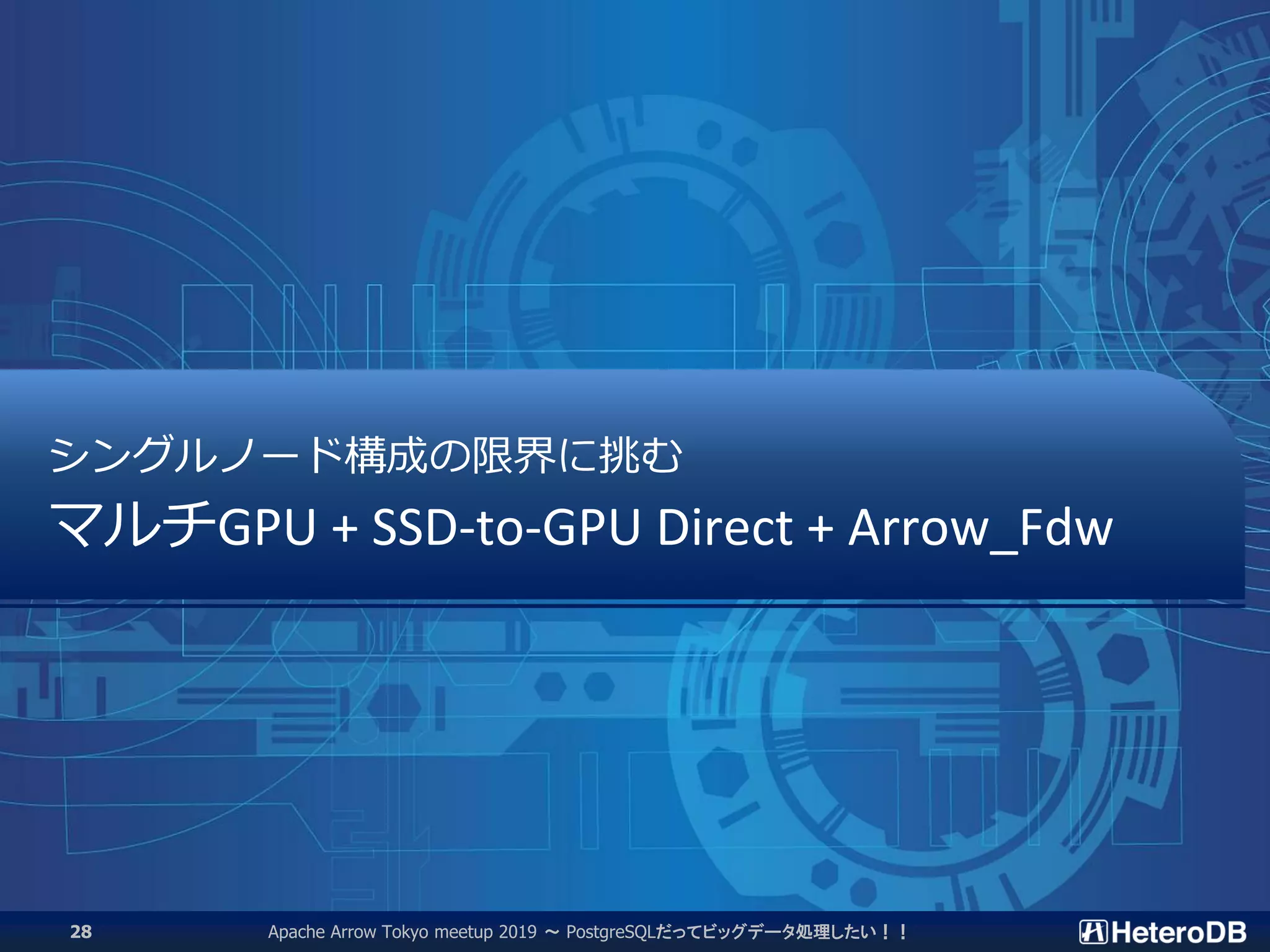 シングルノード構成の限界に挑む
マルチGPU + SSD-to-GPU Direct + Arrow_Fdw
Apache Arrow Tokyo meetup 2019 ～ PostgreSQLだってビッグデータ処理したい！！28
 