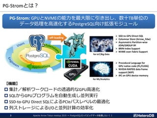 PG-Stromとは？
Apache Arrow Tokyo meetup 2019 ～ PostgreSQLだってビッグデータ処理したい！！3
【機能】
 集計／解析ワークロードの透過的なGPU高速化
 SQLからGPUプログラムを自動生成し並列実行
 SSD-to-GPU Direct SQLによるPCIeバスレベルの最適化
 列ストレージによるI/Oと並列計算の効率化
PG-Strom: GPUとNVMEの能力を最大限に引き出し、数十TB単位の
データ処理を高速化するPostgreSQL向け拡張モジュール
App
GPU
off-loading
for IoT/Big-Data
for ML/Analytics
➢ SSD-to-GPU Direct SQL
➢ Columnar Store (Arrow_Fdw)
➢ Asymmetric Partition-wise
JOIN/GROUP BY
➢ BRIN-Index Support
➢ NVME-over-Fabric Support
➢ Procedural Language for
GPU native code (PL/CUDA)
➢ NVIDIA RAPIDS data frame
support (WIP)
➢ IPC on GPU device memory
 