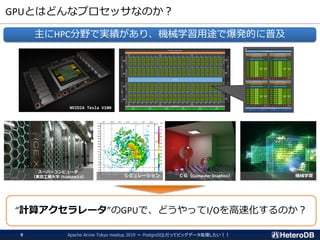 GPUとはどんなプロセッサなのか？
Apache Arrow Tokyo meetup 2019 ～ PostgreSQLだってビッグデータ処理したい！！9
主にHPC分野で実績があり、機械学習用途で爆発的に普及
NVIDIA Tesla V100
スーパーコンピュータ
（東京工業大学 TSUBAME3.0） ＣＧ（Computer Graphics） 機械学習
“計算アクセラレータ”のGPUで、どうやってI/Oを高速化するのか？
シミュレーション
 