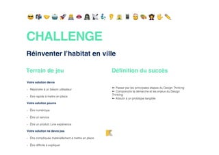 CHALLENGE
Terrain de jeu
Votre solution devra
- Répondre à un besoin utilisateur
- Etre rapide à mettre en place
Votre solution pourra
- Être numérique
- Être un service
- Être un produit / une expérience
Votre solution ne devra pas
- Être compliquée matériellement à mettre en place
- Être difficile à expliquer
Définition du succès
➸ Passer par les principales étapes du Design Thinking
➸ Comprendre la démarche et les enjeux du Design
Thinking
➸ Aboutir à un prototype tangible
Réinventer l’habitat en ville
! " # $ % & ' ( ) * + , - . / 0 1 ✏
 