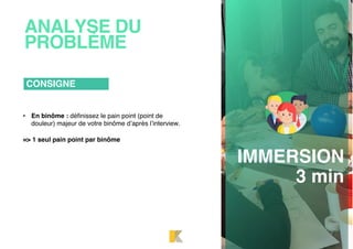 ANALYSE DU
PROBLÈME
• En binôme : déﬁnissez le pain point (point de
douleur) majeur de votre binôme d’après l’interview.
=> 1 seul pain point par binôme
CONSIGNE
IMMERSION
3 min
 