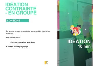 IDÉATION
CONTRAINTE
- EN GROUPE
En groupe, trouvez une solution respectant les contraintes
suivantes :
Et si votre solution….
2mn par contrainte, soit 10mn
Il faut un scribe par groupe !
CONSIGNE
IDÉATION
10 min
 