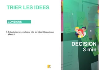 TRIER LES IDEES
1. Individuellement, mettez de côté les idées idées qui vous
plaisent.
CONSIGNE
DECISION
3 min
 