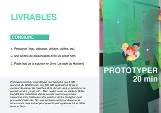 Prototyper parce qu’un prototype vaut bien plus que 1 000
réunions, de 10 000 mots, que 100 000 explications. C’est le
moment de relever les manches et de donner vie à un prototype de
produit, service, projet, etc… Rien ne doit rester au stade de l’idée,
tout doit être matérialisé afin de pouvoir créer une première
interaction entre l’utilisateur et la solution. À l’ère du digital, il est
primordial d’aller vite. Non pas exclusivement pour devancer la
concurrence mais surtout pour se confronter rapidement à sa cible,
tester et itérer.
LIVRABLES
1. Prototype (lego, découpe, collage, pailles, etc.)
2. une afﬁche de présentation avec un super nom
3. Pitch ﬁnal de la solution en 2mn (Le pitch du Martien)
CONSIGNE
PROTOTYPER
20 min
 