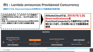 例1：Lambda announces Provisioned Concurrency
国際サイトでは、Reserved Instanceを利用することで起動遅延が回避可能
フッターを追加 13
Lambdaはもともと、コールドスタートにて起動まで
に時間がかかることがあった。→OLTPには向いてい
なかった。
今回、Provisioned Concurrencyが導入された
ことで、起動までに数十ミリ秒での起動が実現
AlibabaCloudでは、2019/9/12に
ReservedInstancesを
FunctionComputeとして選択することが可
能になっており、これを用いることで起動遅延を
解消
https://www.alibabacloud.com/products/function-compute
 