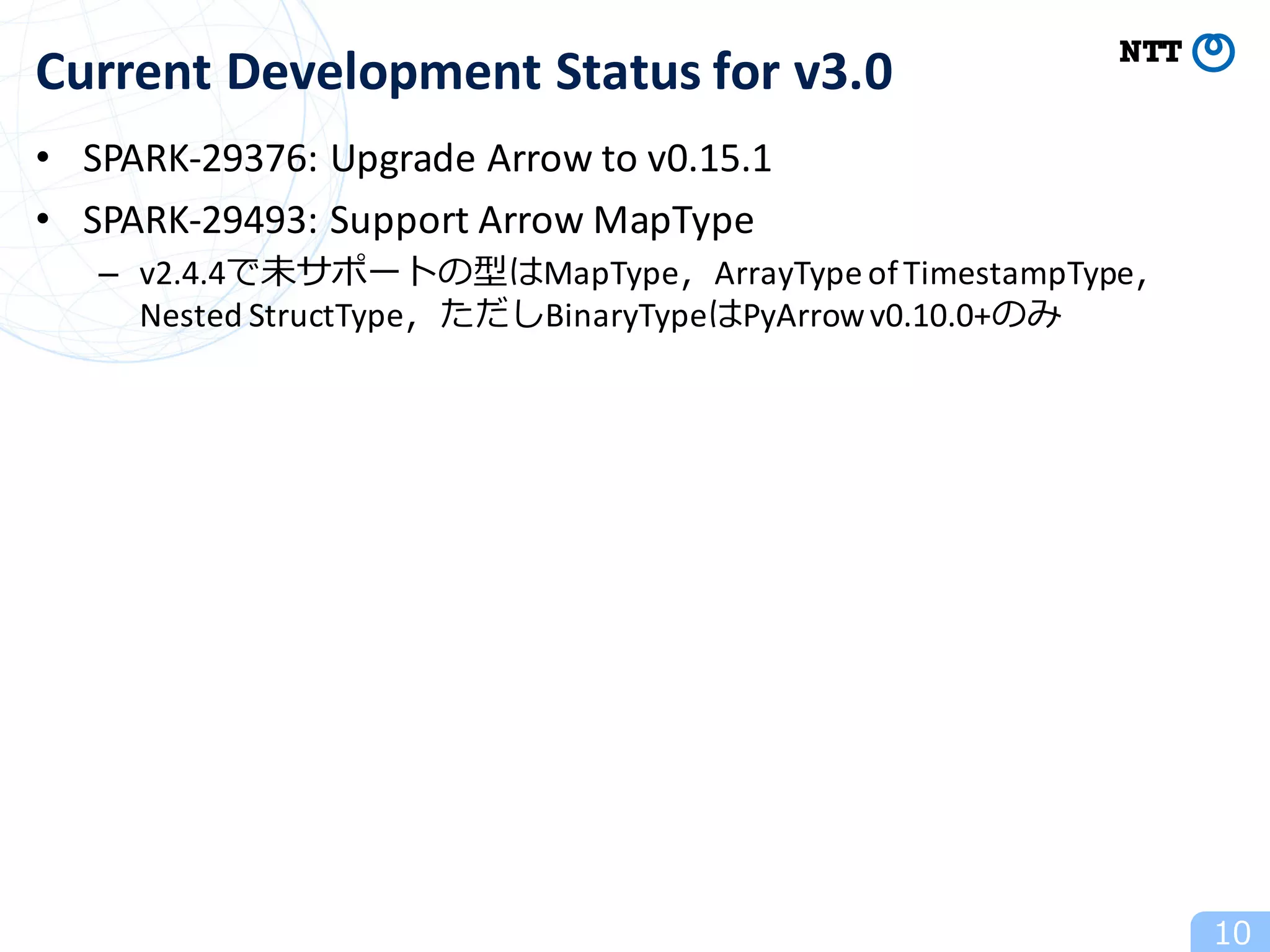 • SPARK-29376:	Upgrade	Arrow	to	v0.15.1
• SPARK-29493:	Support	Arrow	MapType
– v2.4.4で未サポートの型はMapType，ArrayType of	TimestampType，
Nested	StructType，ただしBinaryTypeはPyArrowv0.10.0+のみ
10
Current	Development	Status	for	v3.0
 