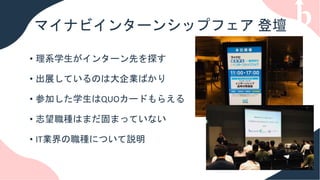 マイナビインターンシップフェア 登壇
• 理系学生がインターン先を探す
• 出展しているのは大企業ばかり
• 参加した学生はQUOカードもらえる
• 志望職種はまだ固まっていない
• IT業界の職種について説明
 