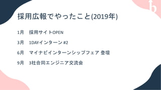 採用広報でやったこと(2019年)
1月 採用サイトOPEN
3月 1DAYインターン #2
6月 マイナビインターンシップフェア 登壇
9月 3社合同エンジニア交流会
 