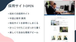採用サイトOPEN
• 初めての採用サイト
• 中途と新卒 兼用
• 他社サイトを参考にしまくる
• かっこつけたことばっかり書く
• 楽しくて自由な環境アピール
 