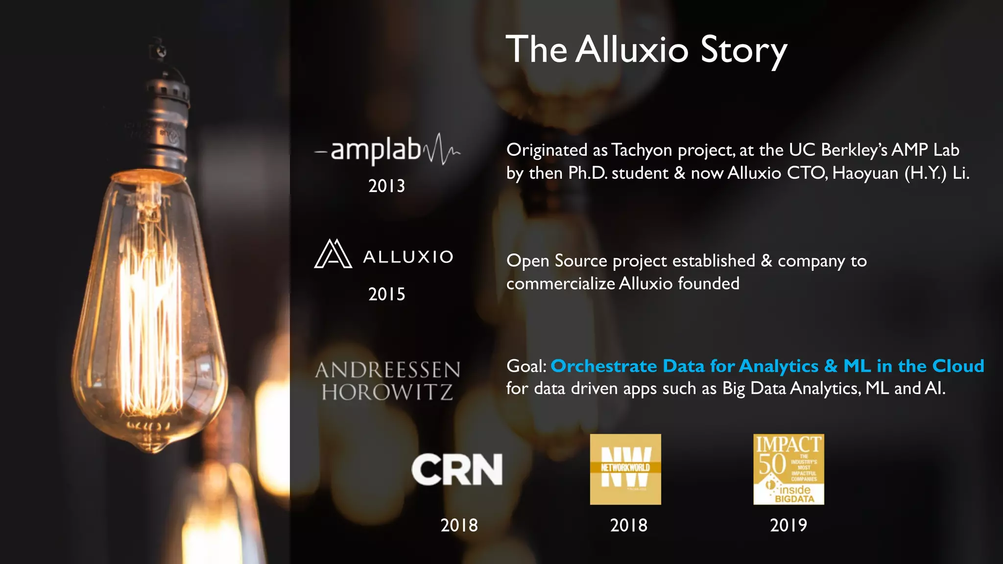 The Alluxio Story
Originated asTachyon project, at the UC Berkley’s AMP Lab
by then Ph.D. student & now Alluxio CTO, Haoyuan (H.Y.) Li.
2013
2015
Open Source project established & company to
commercialize Alluxio founded
Goal: Orchestrate Data for Analytics & ML in the Cloud
for data driven apps such as Big Data Analytics, ML and AI.
2018 20192018
 