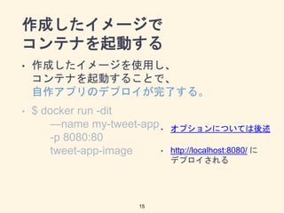 ɤ`
ƥʤӤ
? ɤ`ʹä
ƥʤӤ뤳Ȥǡ
ץΥǥץˤ롣
? $ docker run -dit
name my-tweet-app
-p 8080:80
tweet-app-image
15
? ץˤĤƤ
? http://localhost:8080/ 
ǥץ
 
