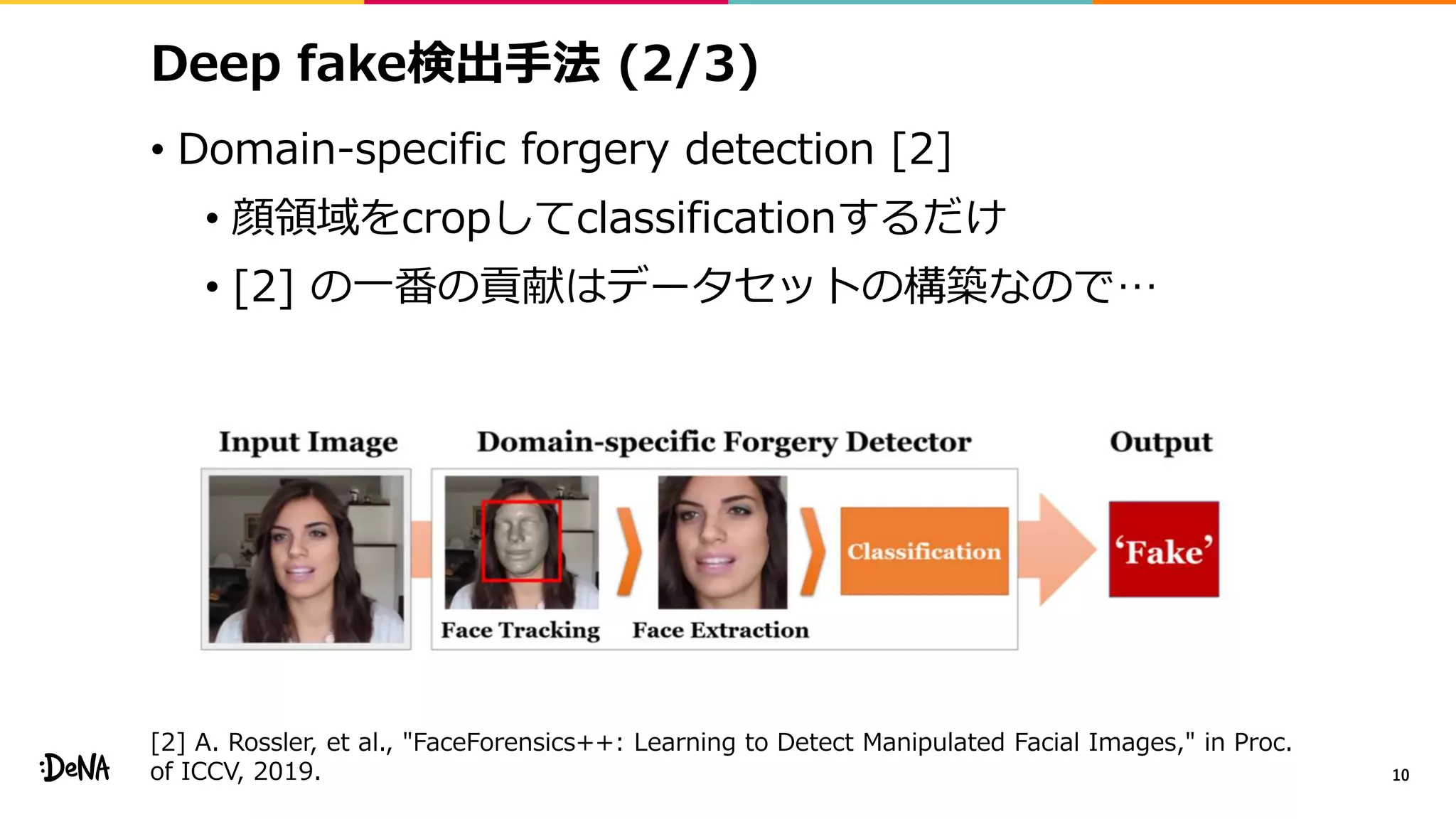 Deep fake検出手法 (2/3)
• Domain-specific forgery detection [2]
• 顔領域をcropしてclassificationするだけ
• [2] の一番の貢献はデータセットの構築なので…
10
[2] A. Rossler, et al., "FaceForensics++: Learning to Detect Manipulated Facial Images," in Proc.
of ICCV, 2019.
 