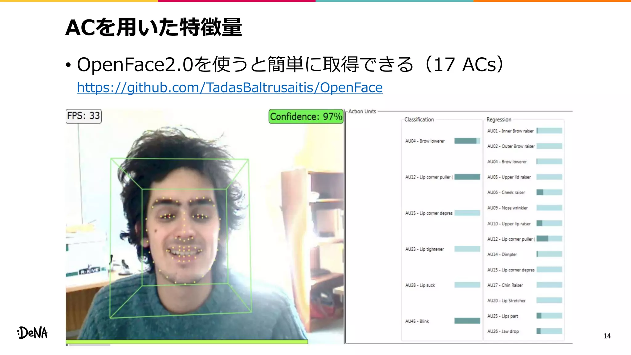ACを用いた特徴量
• OpenFace2.0を使うと簡単に取得できる（17 ACs）
https://github.com/TadasBaltrusaitis/OpenFace
14
 