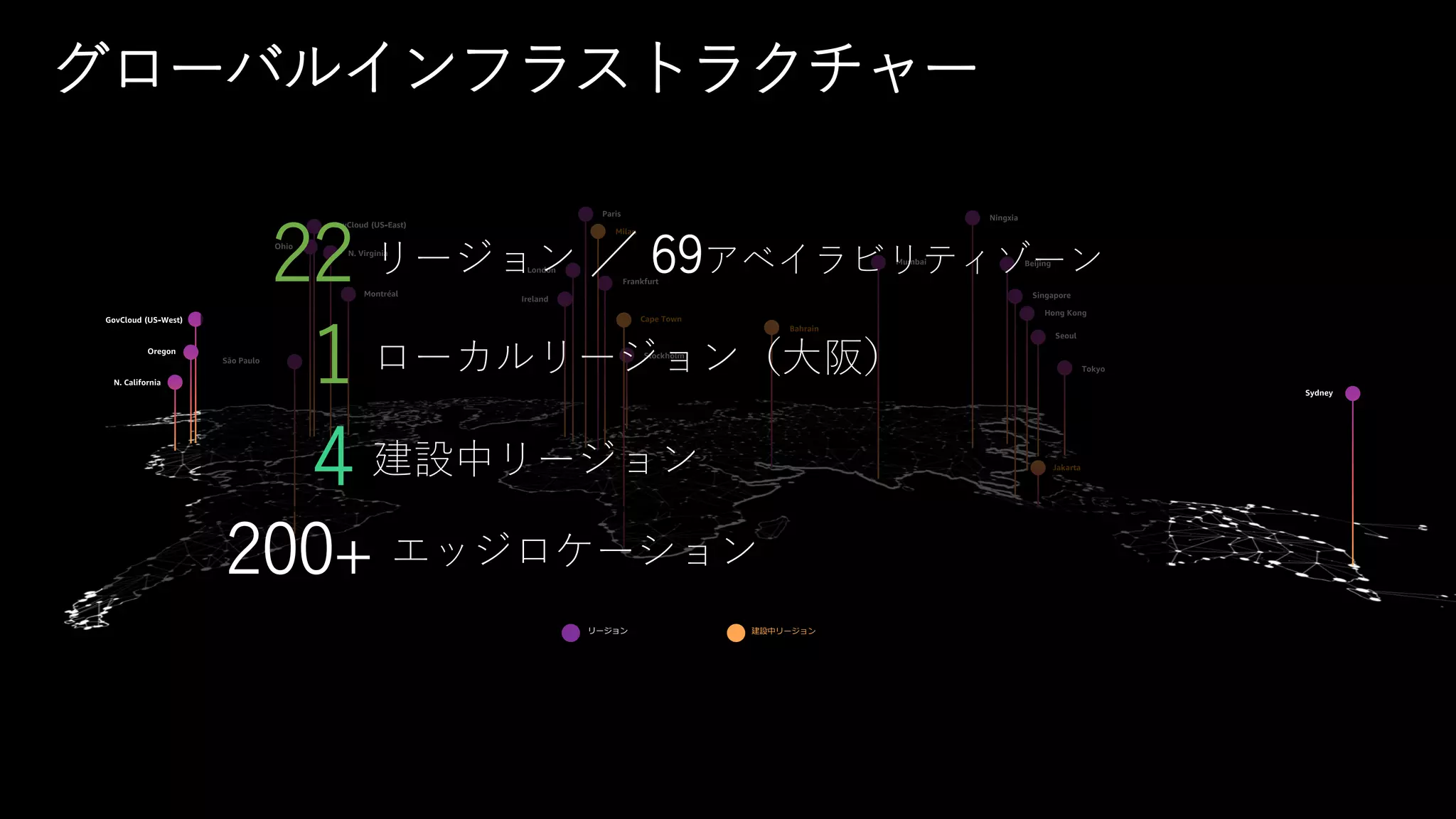 Stockholm
Hong Kong
建設中リージョン
グローバルインフラストラクチャー
22 リージョン ／ 69アベイラビリティゾーン
1 ローカルリージョン（大阪）
4 建設中リージョン
200+ エッジロケーション
 