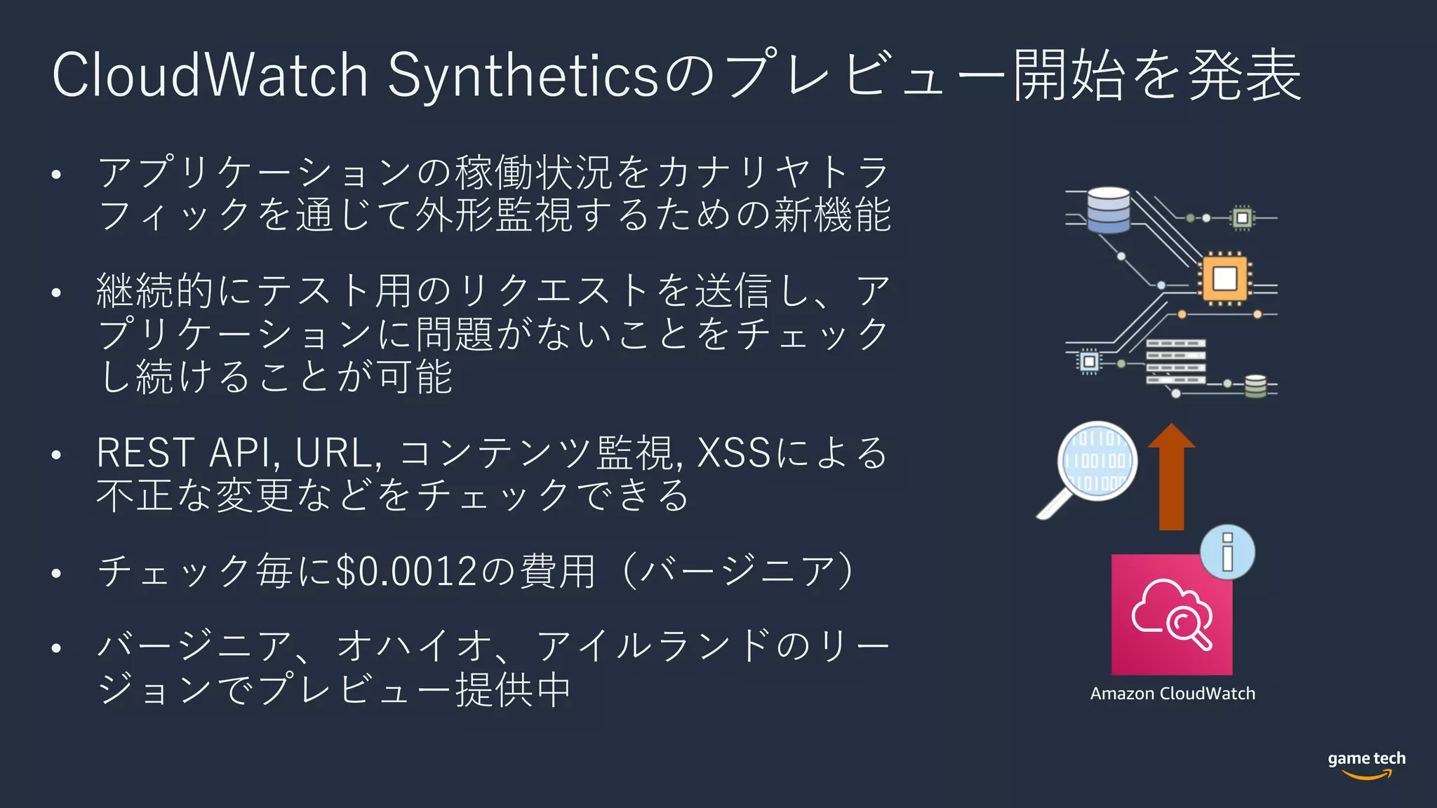 CloudWatch Syntheticsのプレビュー開始を発表
• アプリケーションの稼働状況をカナリヤトラ
フィックを通じて外形監視するための新機能
• 継続的にテスト⽤のリクエストを送信し、ア
プリケーションに問題がないことをチェック
し続けることが可能
• REST API, URL, コンテンツ監視, XSSによる
不正な変更などをチェックできる
• チェック毎に$0.0012の費⽤（バージニア）
• バージニア、オハイオ、アイルランドのリー
ジョンでプレビュー提供中 Amazon CloudWatch
 