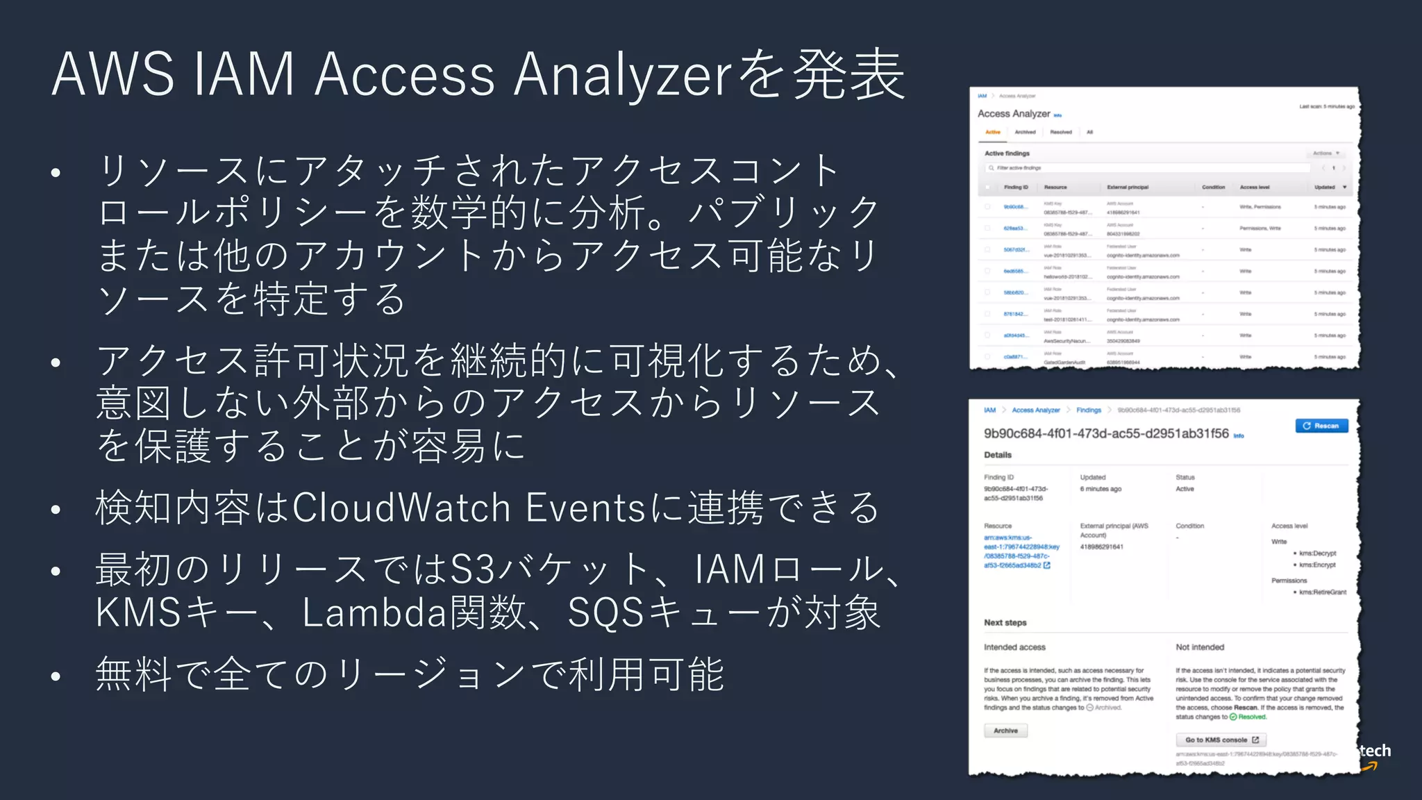 AWS IAM Access Analyzerを発表
• リソースにアタッチされたアクセスコント
ロールポリシーを数学的に分析。パブリック
または他のアカウントからアクセス可能なリ
ソースを特定する
• アクセス許可状況を継続的に可視化するため、
意図しない外部からのアクセスからリソース
を保護することが容易に
• 検知内容はCloudWatch Eventsに連携できる
• 最初のリリースではS3バケット、IAMロール、
KMSキー、Lambda関数、SQSキューが対象
• 無料で全てのリージョンで利⽤可能
 
