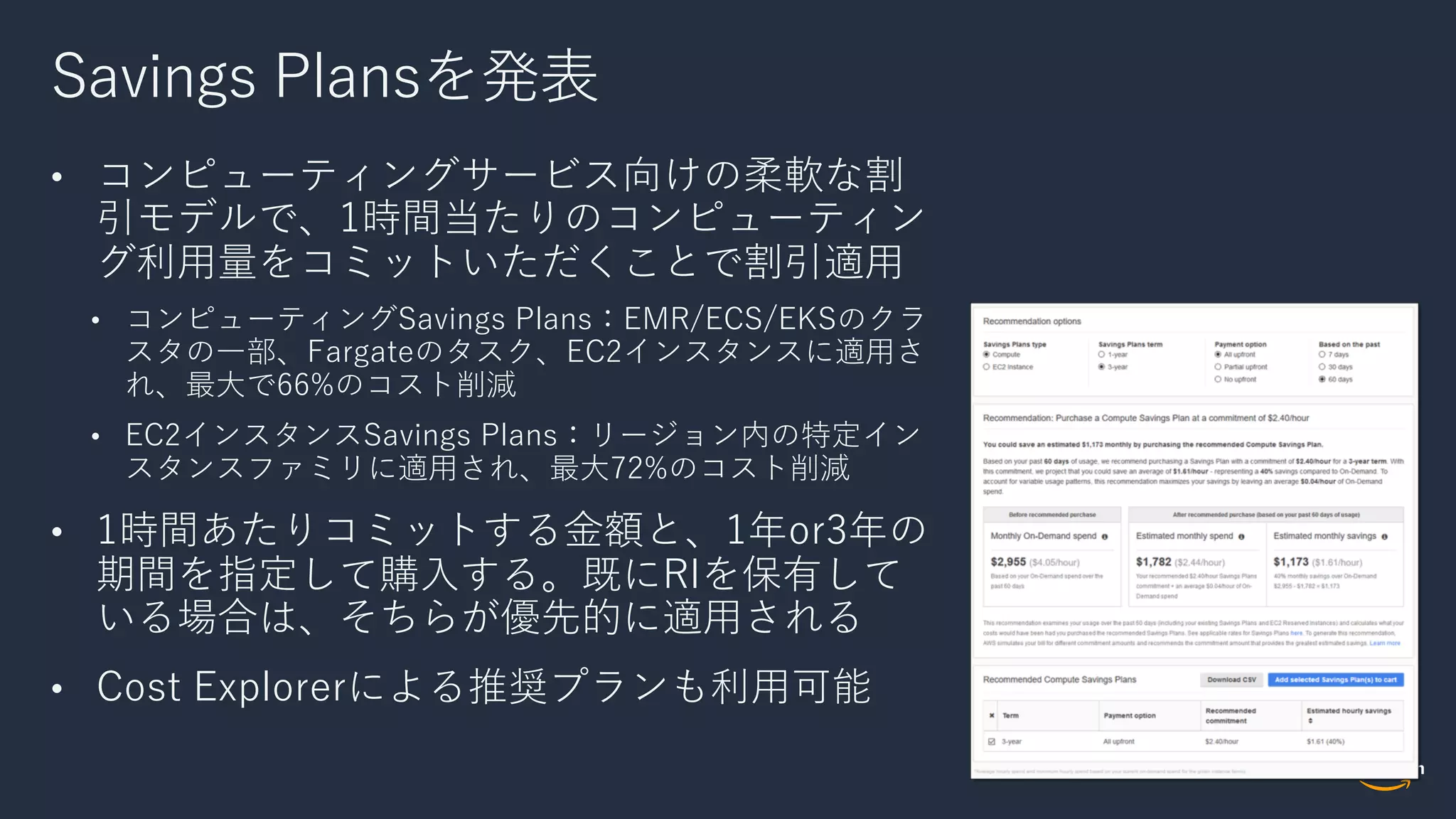 Savings Plansを発表
• コンピューティングサービス向けの柔軟な割
引モデルで、1時間当たりのコンピューティン
グ利⽤量をコミットいただくことで割引適⽤
• コンピューティングSavings Plans：EMR/ECS/EKSのクラ
スタの⼀部、Fargateのタスク、EC2インスタンスに適⽤さ
れ、最⼤で66%のコスト削減
• EC2インスタンスSavings Plans：リージョン内の特定イン
スタンスファミリに適⽤され、最⼤72%のコスト削減
• 1時間あたりコミットする⾦額と、1年or3年の
期間を指定して購⼊する。既にRIを保有して
いる場合は、そちらが優先的に適⽤される
• Cost Explorerによる推奨プランも利⽤可能
 