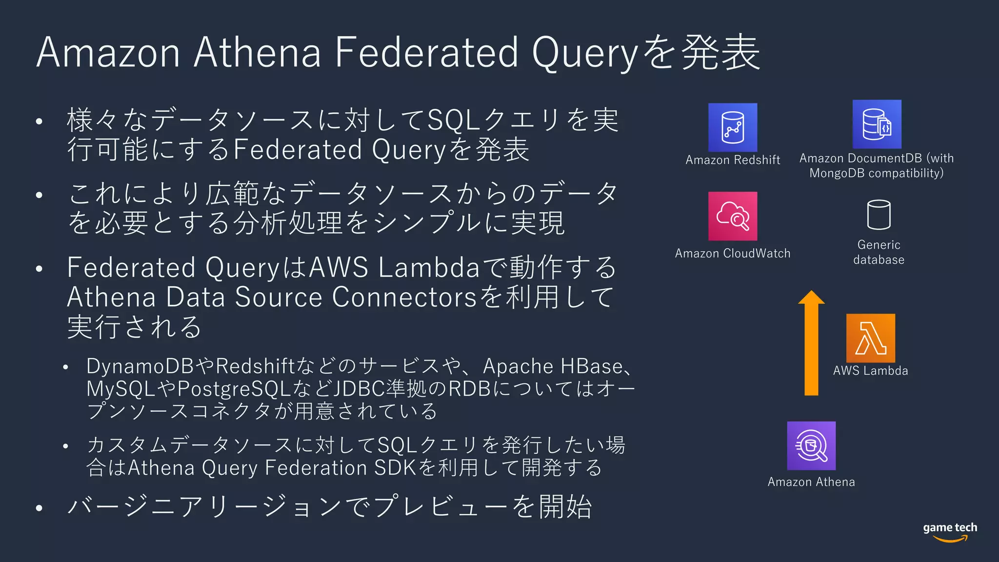 Amazon Athena Federated Queryを発表
• 様々なデータソースに対してSQLクエリを実
⾏可能にするFederated Queryを発表
• これにより広範なデータソースからのデータ
を必要とする分析処理をシンプルに実現
• Federated QueryはAWS Lambdaで動作する
Athena Data Source Connectorsを利⽤して
実⾏される
• DynamoDBやRedshiftなどのサービスや、Apache HBase、
MySQLやPostgreSQLなどJDBC準拠のRDBについてはオー
プンソースコネクタが⽤意されている
• カスタムデータソースに対してSQLクエリを発⾏したい場
合はAthena Query Federation SDKを利⽤して開発する
• バージニアリージョンでプレビューを開始
AWS Lambda
Amazon Athena
Amazon Redshift Amazon DocumentDB (with
MongoDB compatibility)
Amazon CloudWatch
Generic
database
 