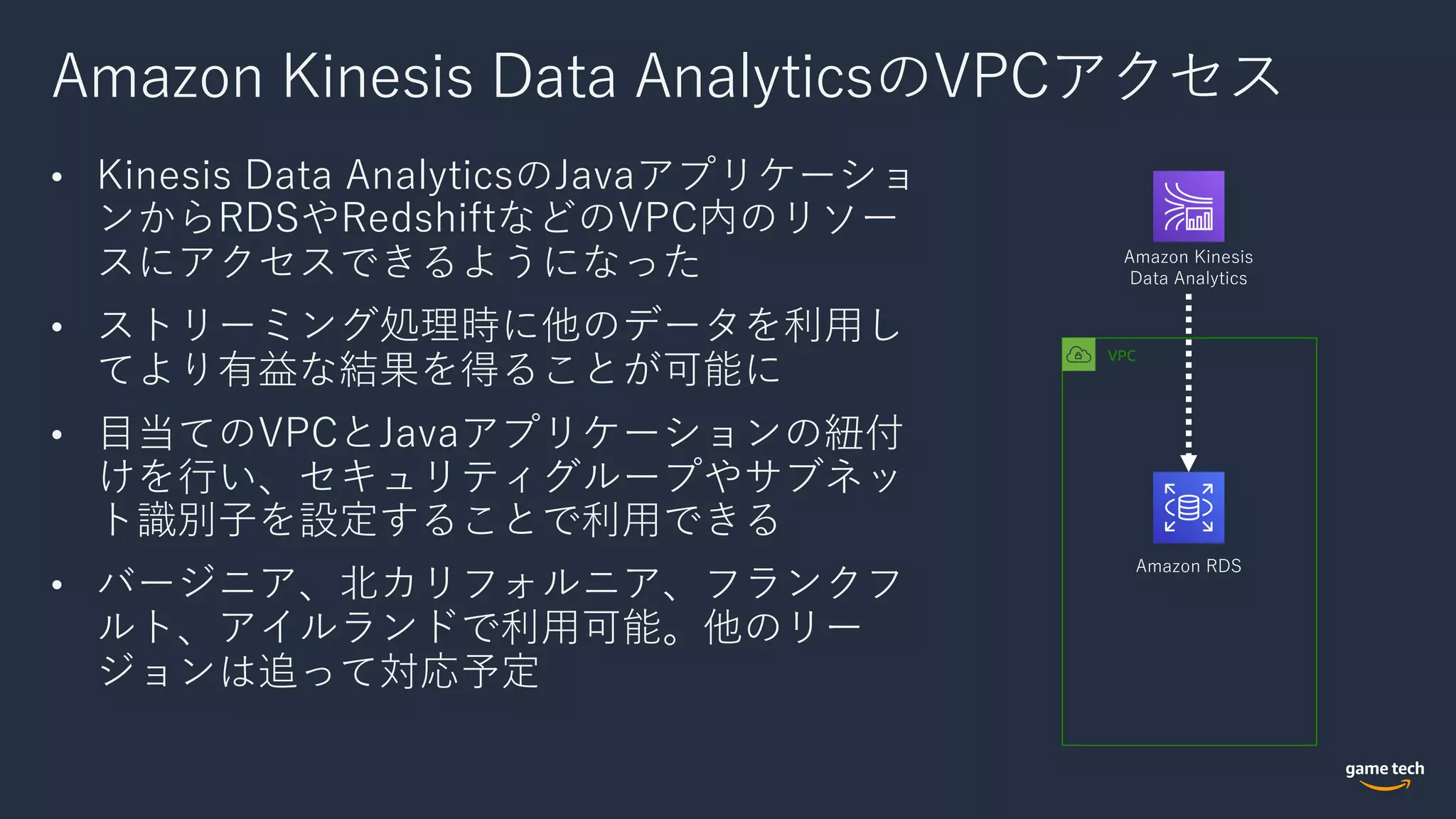 Amazon Kinesis Data AnalyticsのVPCアクセス
• Kinesis Data AnalyticsのJavaアプリケーショ
ンからRDSやRedshiftなどのVPC内のリソー
スにアクセスできるようになった
• ストリーミング処理時に他のデータを利⽤し
てより有益な結果を得ることが可能に
• ⽬当てのVPCとJavaアプリケーションの紐付
けを⾏い、セキュリティグループやサブネッ
ト識別⼦を設定することで利⽤できる
• バージニア、北カリフォルニア、フランクフ
ルト、アイルランドで利⽤可能。他のリー
ジョンは追って対応予定
VPC
Amazon Kinesis
Data Analytics
Amazon RDS
 