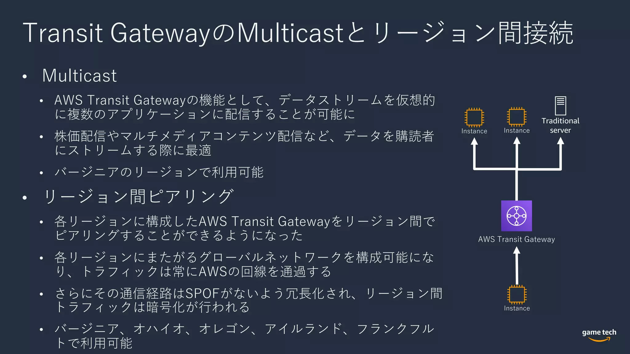 Transit GatewayのMulticastとリージョン間接続
• Multicast
• AWS Transit Gatewayの機能として、データストリームを仮想的
に複数のアプリケーションに配信することが可能に
• 株価配信やマルチメディアコンテンツ配信など、データを購読者
にストリームする際に最適
• バージニアのリージョンで利⽤可能
• リージョン間ピアリング
• 各リージョンに構成したAWS Transit Gatewayをリージョン間で
ピアリングすることができるようになった
• 各リージョンにまたがるグローバルネットワークを構成可能にな
り、トラフィックは常にAWSの回線を通過する
• さらにその通信経路はSPOFがないよう冗⻑化され、リージョン間
トラフィックは暗号化が⾏われる
• バージニア、オハイオ、オレゴン、アイルランド、フランクフル
トで利⽤可能
AWS Transit Gateway
Instance
Instance Instance
Traditional
server
 