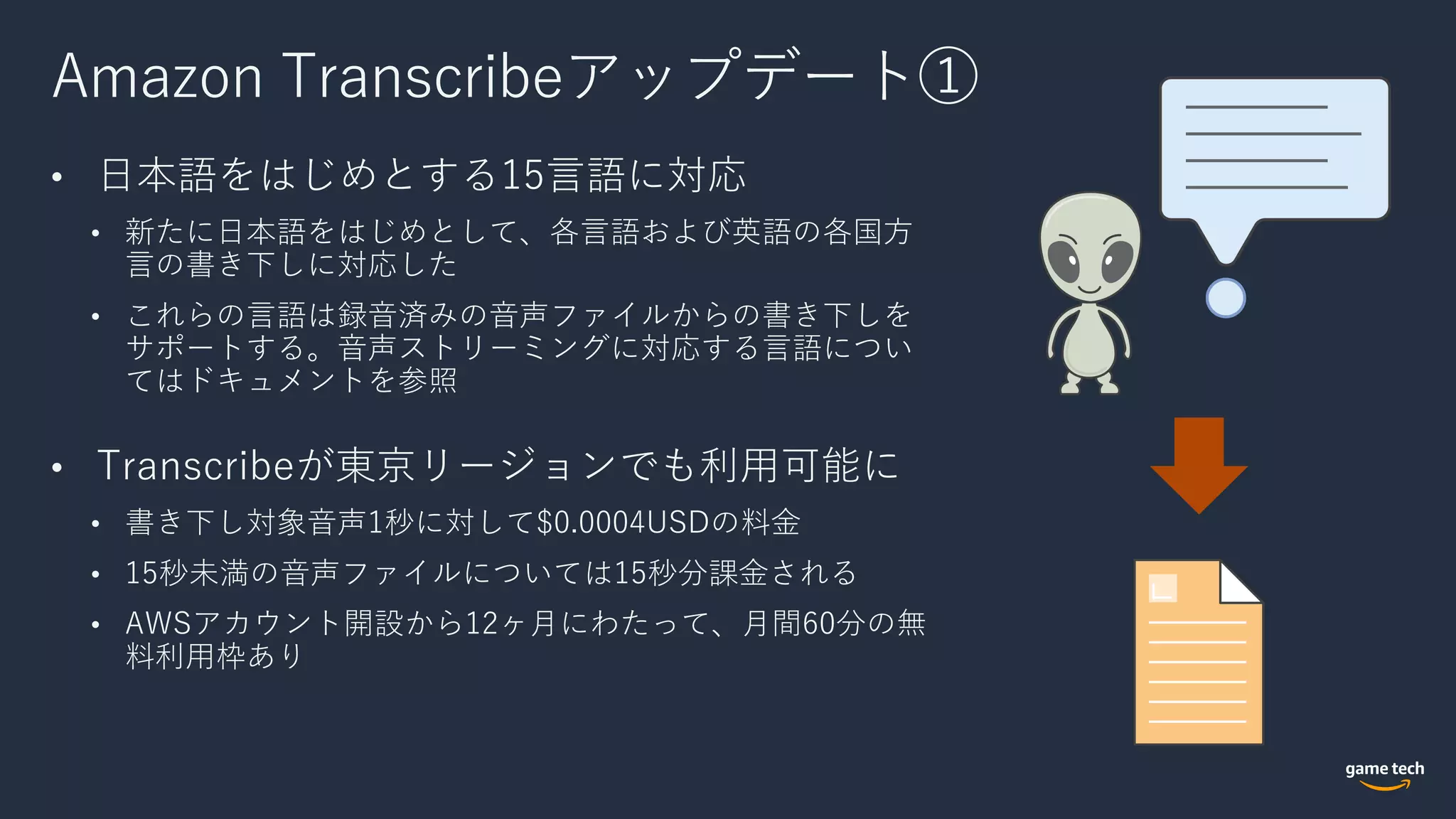 Amazon Transcribeアップデート①
• ⽇本語をはじめとする15⾔語に対応
• 新たに⽇本語をはじめとして、各⾔語および英語の各国⽅
⾔の書き下しに対応した
• これらの⾔語は録⾳済みの⾳声ファイルからの書き下しを
サポートする。⾳声ストリーミングに対応する⾔語につい
てはドキュメントを参照
• Transcribeが東京リージョンでも利⽤可能に
• 書き下し対象⾳声1秒に対して$0.0004USDの料⾦
• 15秒未満の⾳声ファイルについては15秒分課⾦される
• AWSアカウント開設から12ヶ⽉にわたって、⽉間60分の無
料利⽤枠あり
 