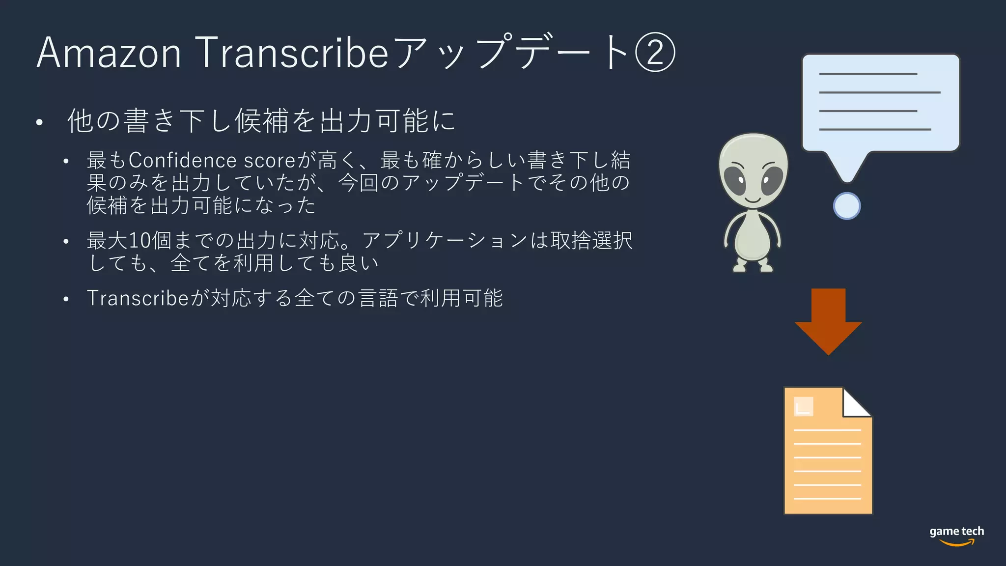 Amazon Transcribeアップデート②
• 他の書き下し候補を出⼒可能に
• 最もConfidence scoreが⾼く、最も確からしい書き下し結
果のみを出⼒していたが、今回のアップデートでその他の
候補を出⼒可能になった
• 最⼤10個までの出⼒に対応。アプリケーションは取捨選択
しても、全てを利⽤しても良い
• Transcribeが対応する全ての⾔語で利⽤可能
 