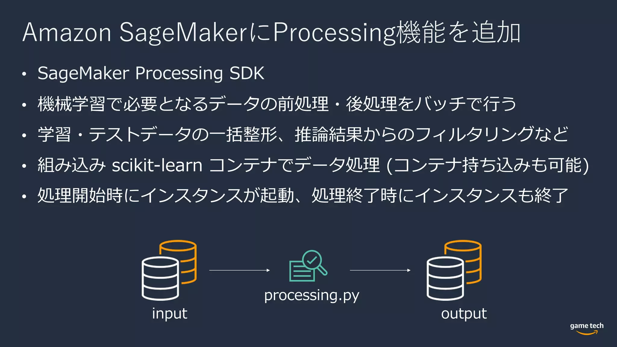 Amazon SageMakerにProcessing機能を追加
• SageMaker Processing SDK
 