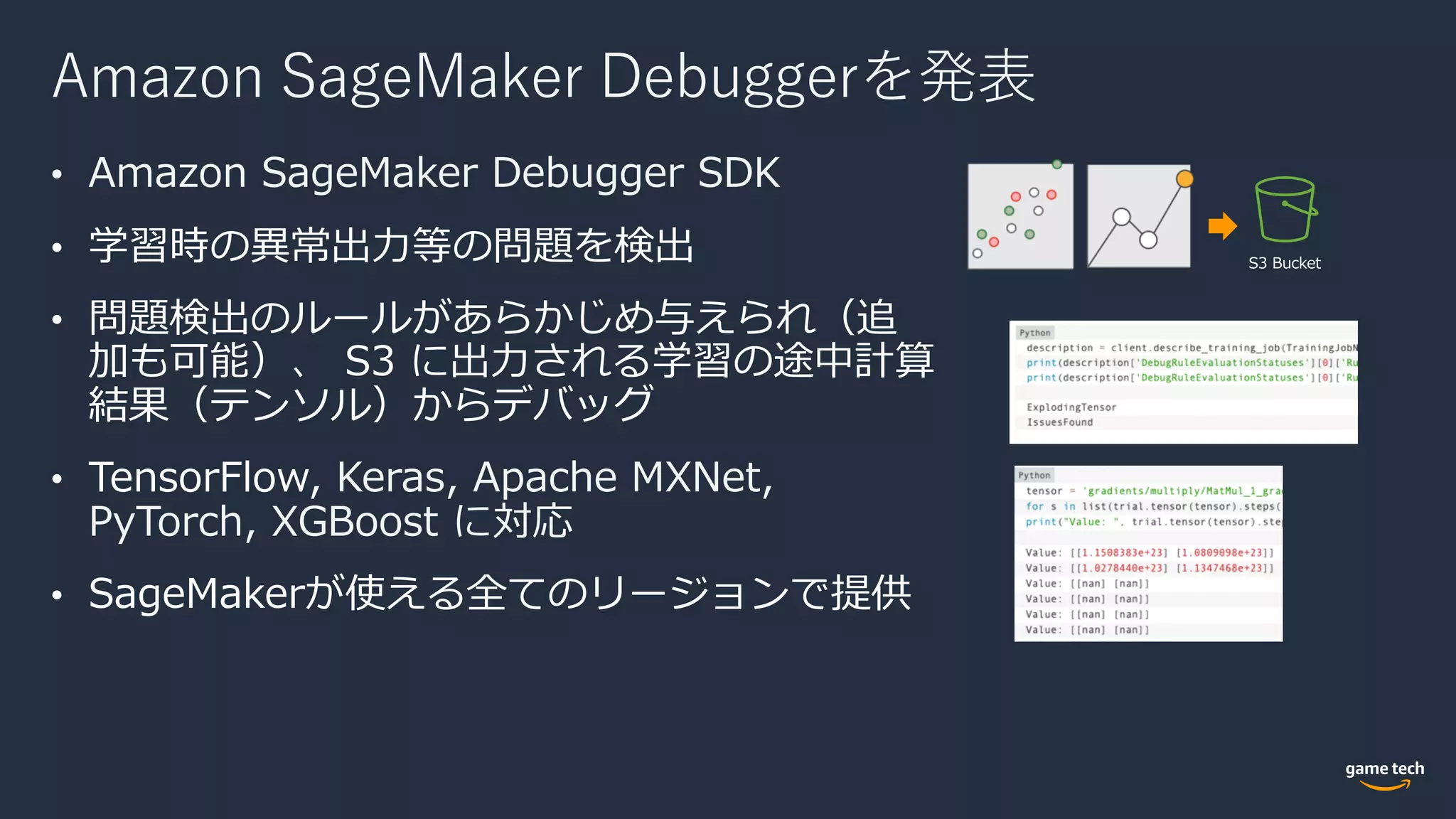 Amazon SageMaker Debuggerを発表
• Amazon SageMaker Debugger SDK
Keras, Apache MXNet,
PyTorch, XGBoost に対応
S3 Bucket
 