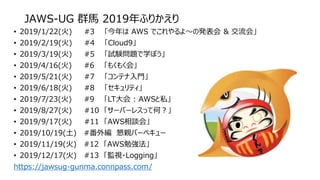 JAWS-UG 群馬 2019年ふりかえり
• 2019/1/22(火) #3 「今年は AWS でこれやるよ〜の発表会 & 交流会」
• 2019/2/19(火) #4 「Cloud9」
• 2019/3/19(火) #5 「試験問題で学ぼう」
• 2019/4/16(火) #6 「もくもく会」
• 2019/5/21(火) #7 「コンテナ入門」
• 2019/6/18(火) #8 「セキュリティ」
• 2019/7/23(火) #9 「LT大会 : AWSと私」
• 2019/8/27(火) #10 「サーバーレスって何？」
• 2019/9/17(火) #11 「AWS相談会」
• 2019/10/19(土) #番外編 懇親バーベキュー
• 2019/11/19(火) #12 「AWS勉強法」
• 2019/12/17(火) #13 「監視・Logging」
https://jawsug-gunma.connpass.com/
 