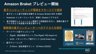 © 2018, Amazon Web Services, Inc. or its Affiliates. All rights reserved.
https://aws.amazon.com/braket/hardware-providers/
量子コンピューティング環境をマネージドで提供
• 量子ビットと量子回路を体験する Amazon Braket SDK を提供
• Notebook インターフェースで、簡単に Braket にアクセス
• 量子回路のシミュレーション環境下で回路設計を行い、実際の量子デ
バイスの上で別途量子計算を実行する
複数種の量子コンピューターへのアクセスを提供
• ゲートベース量子コンピュータ
• Rigetti : 超伝導量子ビット (The Rigetti 16Q Aspen-4)
• IonQ : イオントラップ量子ビット (IonQ linear trap)
• 量子アニーリング
• D-Wave : 超伝導量子ビット（D-Wave 2000Q）
Amazon Braket プレビュー開始
 